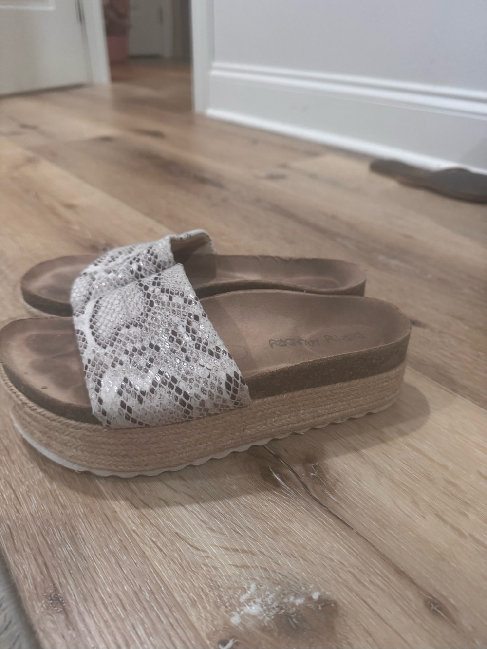 Neutral Snake-Print Slide Sandals with Jute Platform